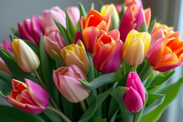 Colorful array of fresh tulips blooms elegantly against an indoor backdrop, signaling spring's arrival