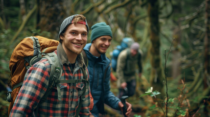 Happy backpacker and his friends hiking in forest, with earthy tones of green and brown, high depth with forest details, adventurous expressions, and hiking gear visible.
