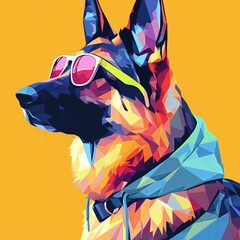 pop art illustration of a German shepherd dog, wearing fancy sunglasses, wearing hoodie, mosaic style --niji 6 Job ID: 2166f19c-d160-47c6-a5ff-033f2adc6710