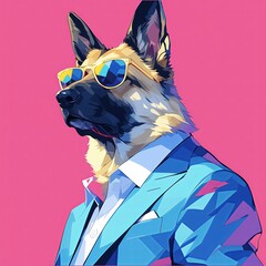 pop art illustration of a German shepherd dog, mosaic style, wearing fancy sunglasses, wearing suits, --stylize 1000 --niji 6 Job ID: 02c1576a-a36a-4503-86a4-8a71d4aee6c3