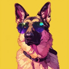 pop art illustration of a German shepherd dog, wearing fancy sunglasses, --niji 6 Job ID: da7e28c8-c9af-4960-9e84-4646f7b052c0