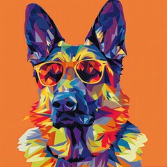 pop art illustration of a German shepherd dog, mosaic art, wearing fancy sunglasses, wearing tshirt, Job ID: 01ac0d21-53f8-4f9c-b618-1cba2f6c523a