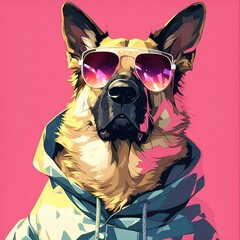 pop art illustration of a German shepherd dog, wearing fancy sunglasses, wearing hoodie, mosaic style --niji 6 Job ID: e37ab1e2-ce62-4e8d-936a-f3938198dd2a