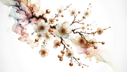 Abstract flowers sakura branch with fluid alcohol ink paint and gold accent soft tones on white background.