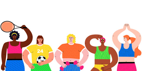 Obraz premium A vibrant illustration featuring a group of active women with different skin colors.The illustration is hand-drawn and created in a flat vector style to depict people. Isolated on a white.
