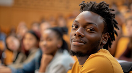 Happy black university student attending lecture in classroom and looking at camera
