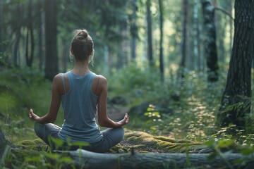 A woman in lotus pose in the forest, practicing yoga meditation and mindfulness exercises until wellness and awareness. Relaxation time