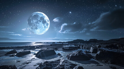 Moonlit coastline with starry sky. Serene coastal landscape illuminated by a bright full moon, with starry night sky, perfect for travel and nature themes.