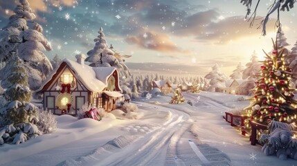 Celebrate the arrival of new year 2025 with a picturesque scene of snow covered landscapes and joyful gift giving