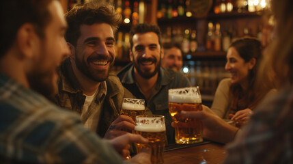 Cheerful man and his friends toast with beer while gathering in bar - Powered by Adobe