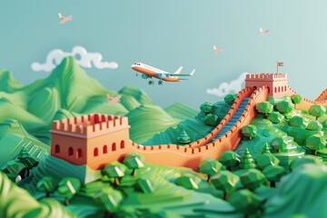 3d illustration of the plane landing at the Great Wall of China.