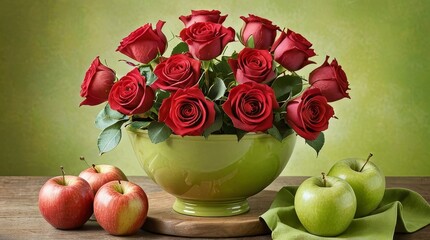 Vibrant Harmony: A Still Life of Red Roses and Green Apples