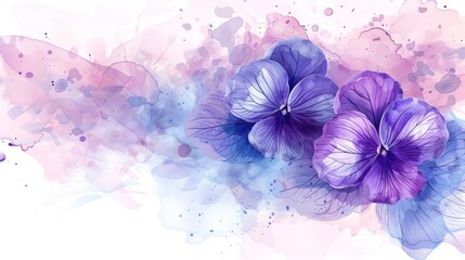 Purple watercolor pansies with a splash of blue and pink.