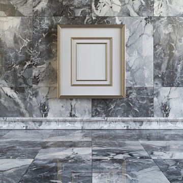 Minimalist art space with a 3D empty frame on a chic Sivec marble floor.
