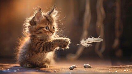 A fluffy kitten playing with a feather toy, its eyes wide with excitement and its tiny paws...