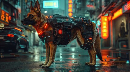 Dog of police with iron armor on city cyberpunk background.