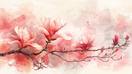 Pink magnolia flowers on a branch. The background is white with a splash of pink watercolor.