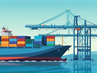 Fototapeta premium Global Logistics: Cargo Container Ship Operations at the Bridge Cargo Shipyard and Sea Port Service