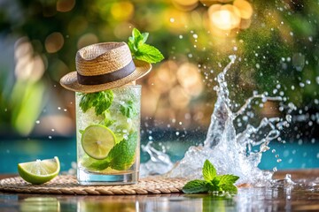 A glass of delicious Mojito cocktail on the background of the pool. Alcoholic cocktail juicy fruit with ice cubes and slices of lemon, lime and mint.