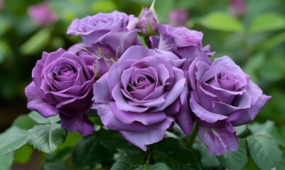 Beautiful purple roses in the early morning light, Generative AI