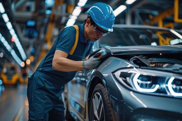Workers repair and clean cars