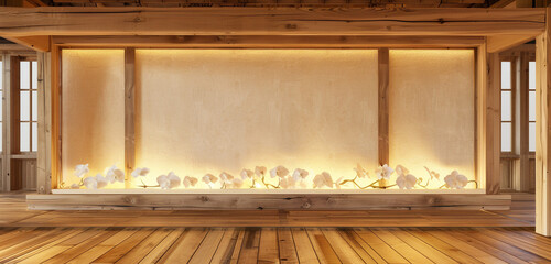 Clean, modern room with a wooden frame and an orchid light border on a wooden floor.