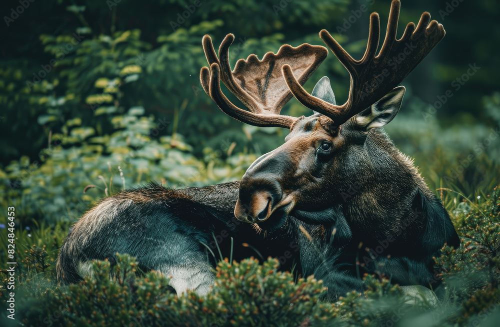 Wall mural a moose resting in the forest, with its head tilted to one side and antlers on its back. The background shows greenery