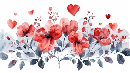 Red flowers and hearts. Watercolor.