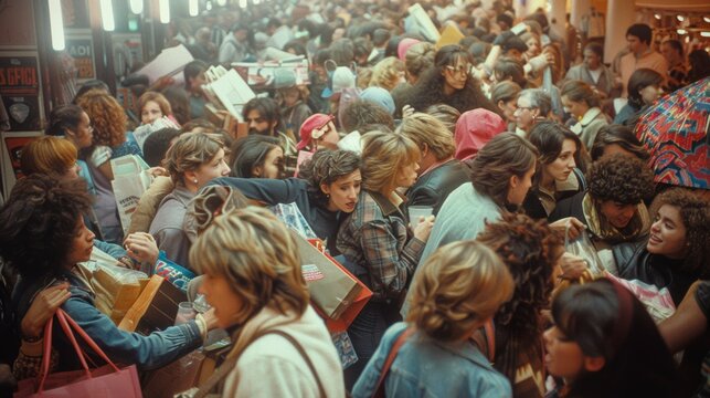 Large crowd of people shopping during major sale event. Crowd is tightly packed, with individuals pushing and shoving to grab items.