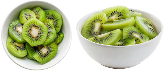 Kiwi fruit collection, in a white bowl, side and top view, isolated on a transparent background