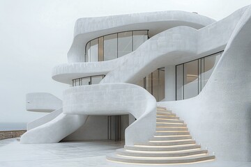 A white building with multiple spiral staircases