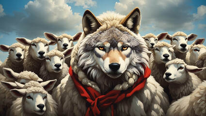 A wolf wearing a sheep's cloak stands in a field of sheep.