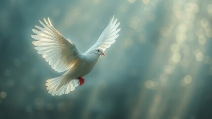 Ethereal image of a white dove gliding serenely, bathed in a soft, diffused light, adding to the dreamy atmosphere