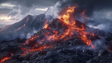 Volcano erupting hot lava and gases into the atmosphere. Lava spurting out of crater and smoke cloud