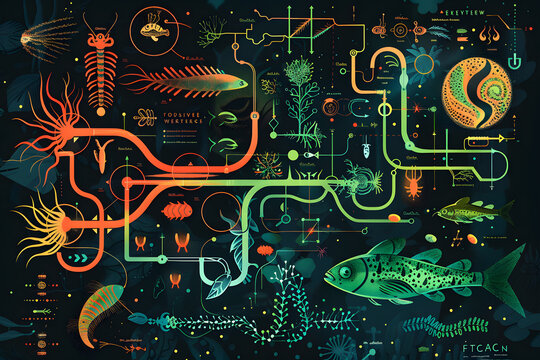 Organic Evolution: Flowchart Illustrating Algorithm for Evolution, Vibrant Colors and Organic Shapes Symbolizing Natural Selection