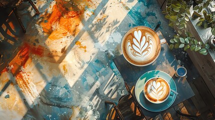 Capture a colorful birds-eye view of a bustling coffee shop, showcasing intricate latte art and cozy ambiance with warm watercolor hues