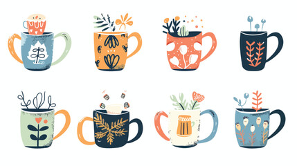 Doodle ceramic mug. Cartoon scandinavian cup collecti