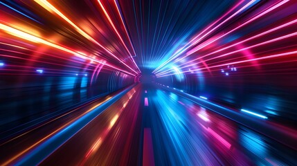 Obraz premium Vibrant Neon Light Trails Forming a Captivating Futuristic Tunnel Effect with a Striking Dark Backdrop Perfect for Modern Designs and