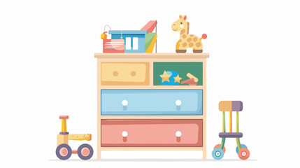 Drawer cabinet with kid toys. Nursery furniture icon