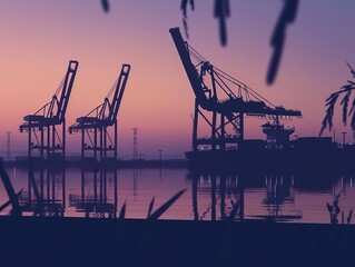 Obraz premium Twilight Glow at the Cargo Port: Gantry Crane Silhouette