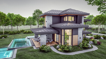 3d rendering of modern two story house with gray and wood accents, large windows, parking space in...