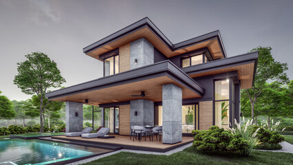 3d rendering of modern two story house with gray and wood accents, large windows, parking space in the right side of the building. Clear summer evening with cozy light from window