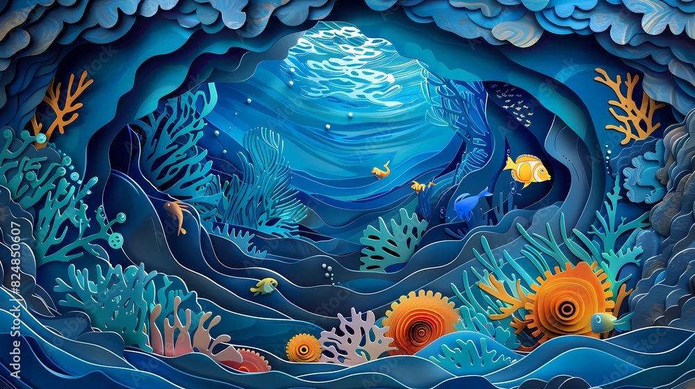 Wall mural Digital paper cutting underwater world poster background - Wall murals