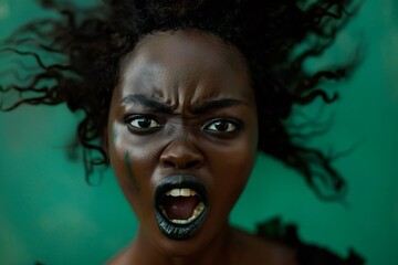 Attractive young african woman screaming on a green background