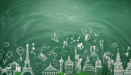  a green blackboard background filled with a collage of chalk-drawn symbols representing different subjects 