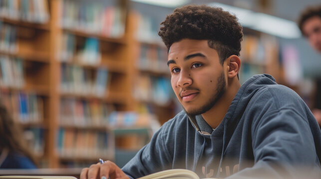 Male student learning at high school library, with neutral tones of library colors, moderate depth with book details, focused expression, and educational setting. - Powered by Adobe