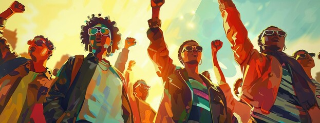 Fototapeta premium A group of people of color with raised fist in front of a bright background.