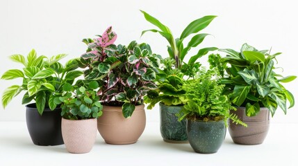 close up potted houseplants on white background