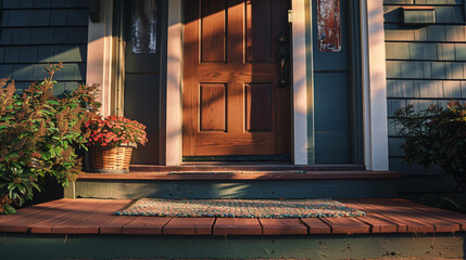 The front stoop of a Craftsman house, the welcome mat's texture and color vivid and welcoming 