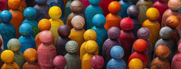 A group of colorful wooden people. The people are all different colors, shapes, and sizes. They are all standing together in a close-knit community.